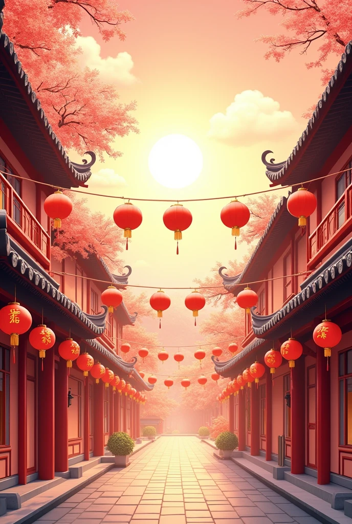 Spring Festival Street，Wide viewing angle，Unobscured，lantern，Mainly red and gold，There are traditional Chinese buildings on both sides，Brilliant light and shadow，countryside，Stick Figure，More unpainted white space，Thick lines，Lack of three-dimensional sense，Lack of color

