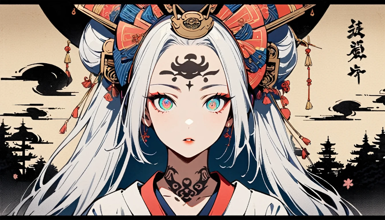 Ink painting, (((1 girl))), (((Tattoo in the middle of the forehead))),(((In the background is the Akatsuki moon))), (((Oiran))), (((Great hair accessories))), Japanese style headphones, Demon possession, (((Sakura tree color eyes with engraving inside))),Face up close, Japanese beauty, White hair, Sensitive and precise, Modern Ukiyo-e style