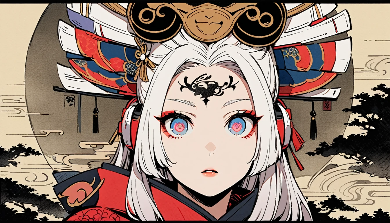 Ink painting, (((1 girl))), (((Tattoo in the middle of the forehead))),(((In the background is the Akatsuki moon))), (((Oiran))), (((Great hair accessories))), Japanese style headphones, Demon possession, (((Sakura tree color eyes with engraving inside))),Face up close, Japanese beauty, White hair, Sensitive and precise, Modern Ukiyo-e style