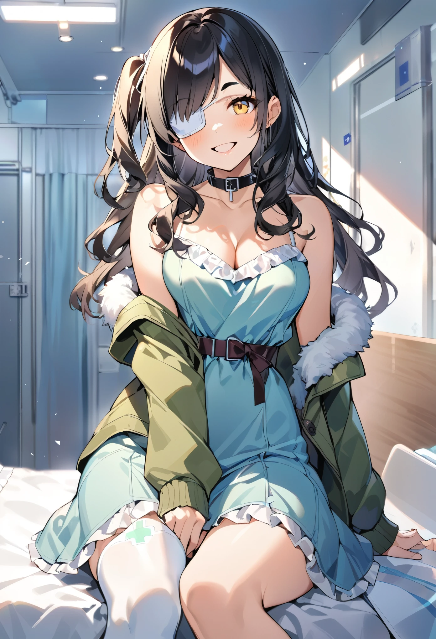 (masterpiece:1.2), (high quality:1.2), (hui xiyi:0.7), rekkyo sensen, rekkyou sensen, girls with((1girl, solo, black hair, yellow eyes, long wavy hair, one side up, short thin eyebrow:1.55), (right swept bangs:1.4), (medical eyepatch:1.4), bare shoulder, blush, breasts, black choker, cleavage, coat, cowboy shot, (blue dress, dress, frills, panniers, camisole dress, frills dress skirt, medium dress skirt, ribbon waist belt, ribbon belt:1.2), collar, collarbone, rosary, rosary choker, cross, fur, fur trim, parka, khaki hoodie, green hoodie, khaki jacket, hood down, hooded coat, hooded jacket, hoodie, jacket, long sleeves, medium breasts, open clothes, open coat,open hoodie, sleeveless, winter clothes, white legwear, single legwear, cleavage, smiling, opened mouth, sitting a bed)), background with((hospital room:2.0))