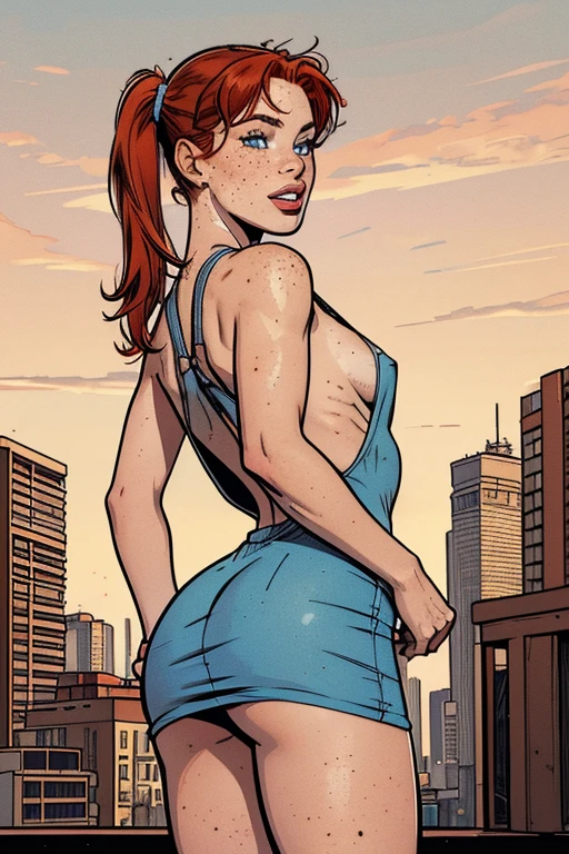 (((Red-haired girl, lots of freckles on her face, small blue eyes, full lips, thin, small breasts, freckles in the middle of the chest, big ass))), ((long pigtails)), mischievous smile, wearing a tight short dress, in the city at night, Full body photo, blending, vanishing point, UHD, masterpiece, accurate, anatomically correct, textured skin, super detail, high details, high quality, award winning, best quality, highres