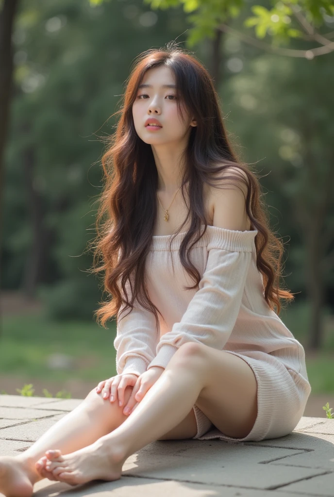 A beautiful korean girl, long brown hair, sleep on the ground outside, full body, photo from up, feet are visible, full body visible

