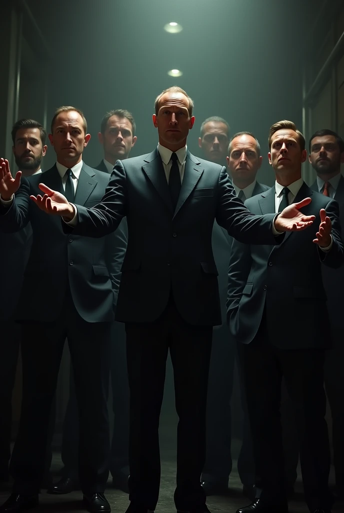 Men, spread your hands to the side at waist level, come this way.