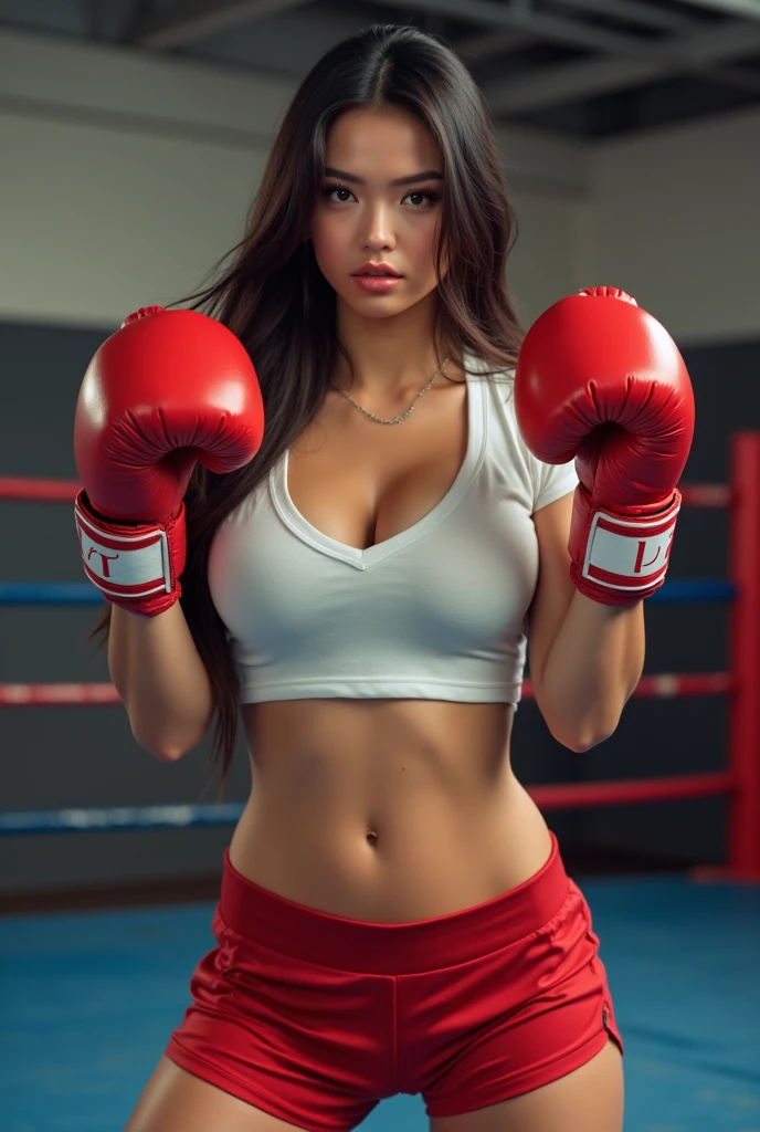 1girl in, 30 years old, Square face, Long hair, Looking at the viewer, jewelry, Reality, Sexy, sexy boxer, boxing-mma ring, free posing