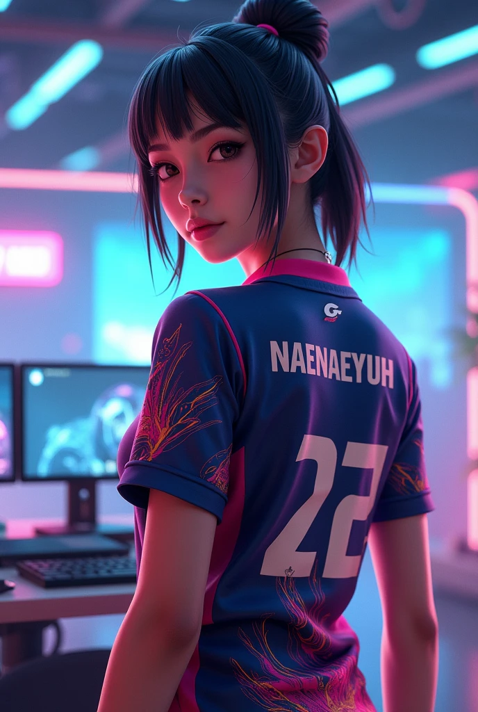 A young woman gamer wearing esports jersy with a name of "Naenaeyuuh" at the back