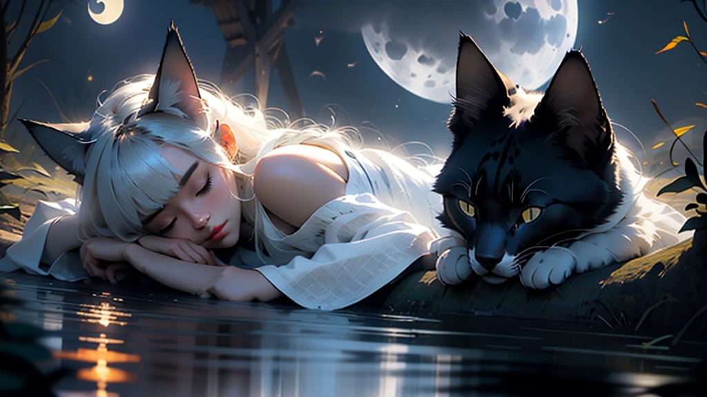 Cat-eared girl sleeping under the dim moonlight