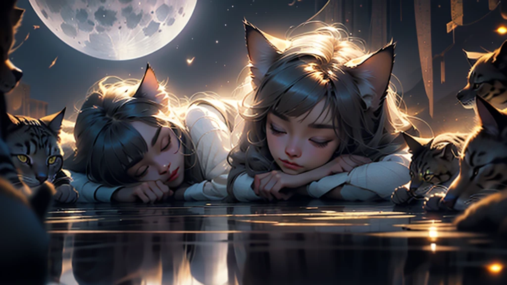 Cat-eared girl sleeping under the dim moonlight