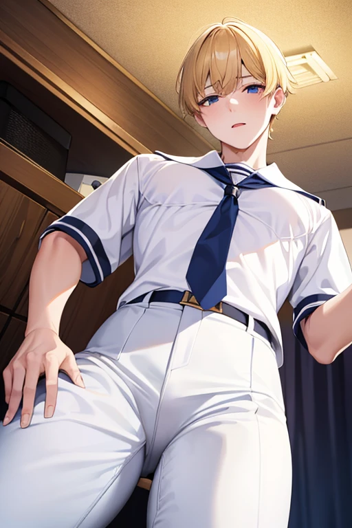 sailor uniform, 1 Boy, blond hair, White skin, 18 years old, super detail, masterpiece, 8k, korean, amazing, Idol, high quality, Refreshing, High Quality, white shirt, Blue Tie, black pants, Beautiful androgynous boy, handsome boy, The background is white
