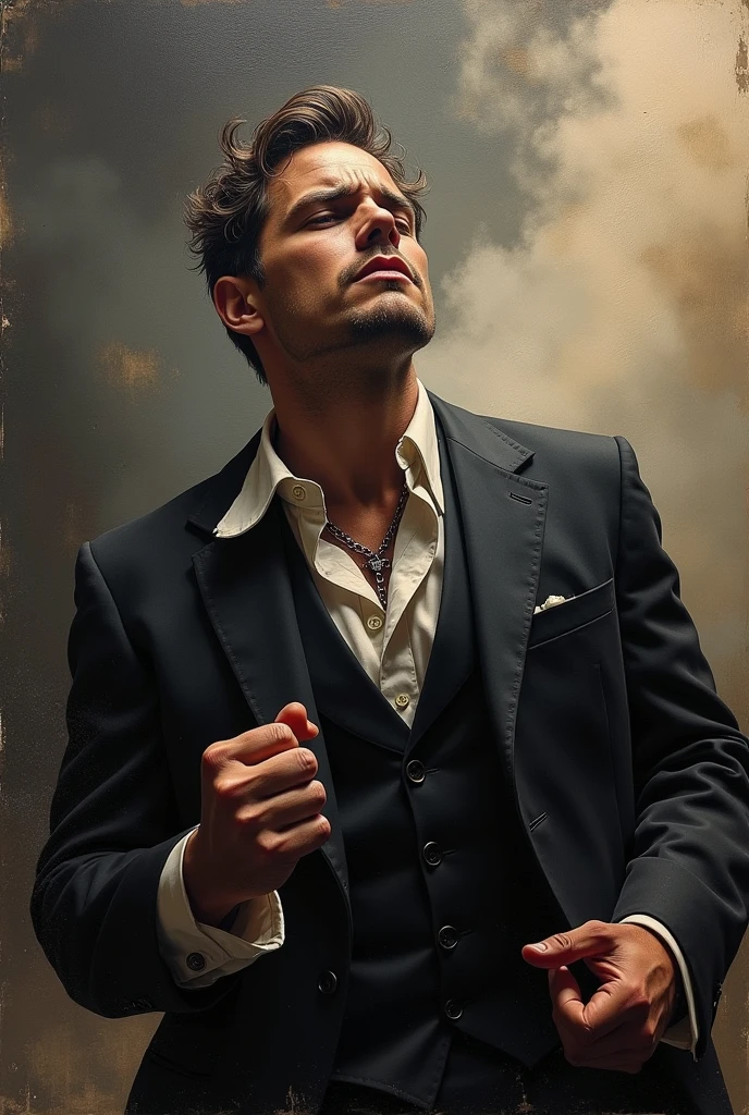 A Tom Hardy struggling for money,Dressed as a young gangster, Oil painting, Watching the sky smoke,eye closeds,Harsh brushstrokes, Dramatic lighting, Intense expression, Determined eyes, Clenched fists, Sweat dripped down his face, Ruffled suit, broken chain, Crumbling dollar bills, Crumbling stock market charts, smoke in the background, Black and white with a touch of gold, Realism. (Best quality, A high resolution, Ultra-detailed), (Realistic:1.37), professional, Vivid colors.