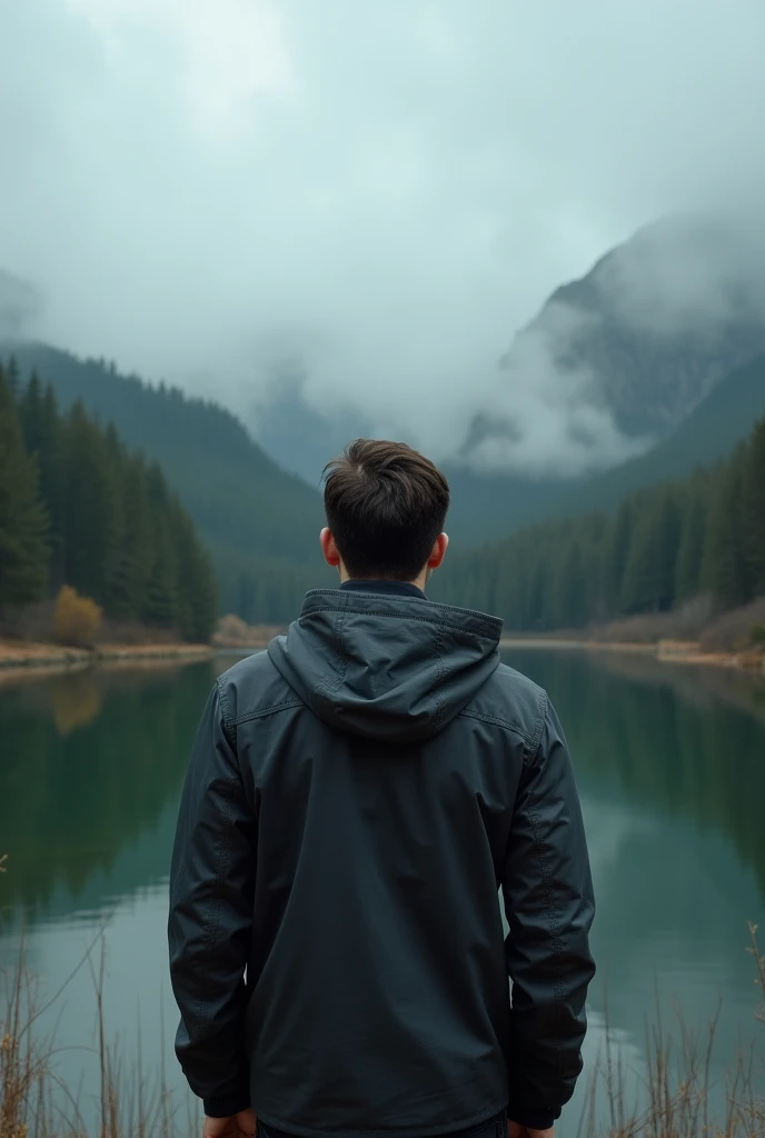 Man back ，Depression，forest，lake，Cloudy sky