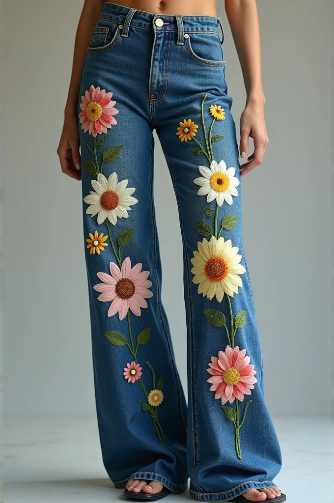 jeans plazo that has embroidery daisy print on the legs. but the designed on the right leg and left leg are different 