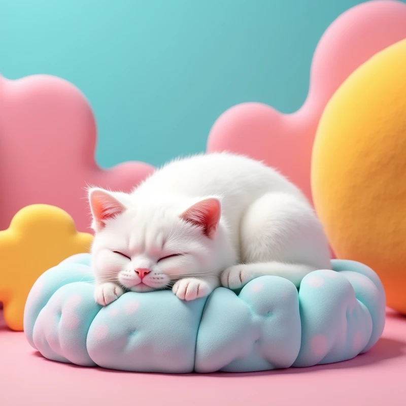 White cat lay down on foam with colorful background with foam around the cat