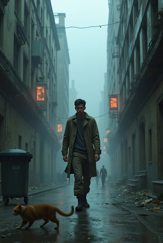 A Young man walking in a street, in a dark city surrounded by fog and rain, in the morning light, with brutalist degraded buildings, a cat running to a garbage dumpster, some people walking, holographic screens on the walls. 