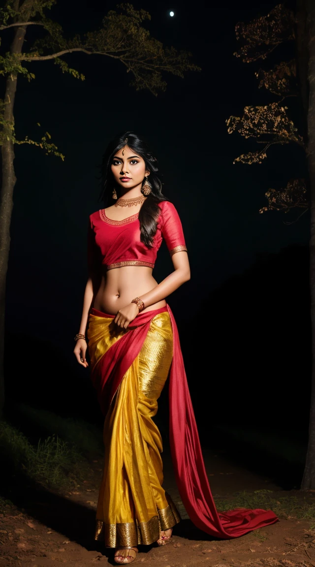 Beautiful indian woman posing, straight photoshoot pose, full body portrait, moonlit night, night time, winter, walking on forest path, detailed face, cute, big eyes, deep navel