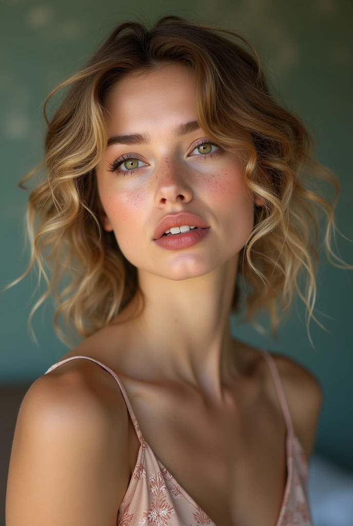 (best quality,highres,masterpiece:1.2),ultra-detailed,photorealistic:1.37,portrait,beautiful woman,curly hair,freckles,detailed eyes,detailed lips,dirty blonde hair,vibrant colors,soft lighting,studio setting,feminine,pensive expression,graceful pose,delicate features,subtle makeup,bokeh,shallow depth of field,subtle smile,rosy cheeks,airy feel,artistic composition, (((sfw)))