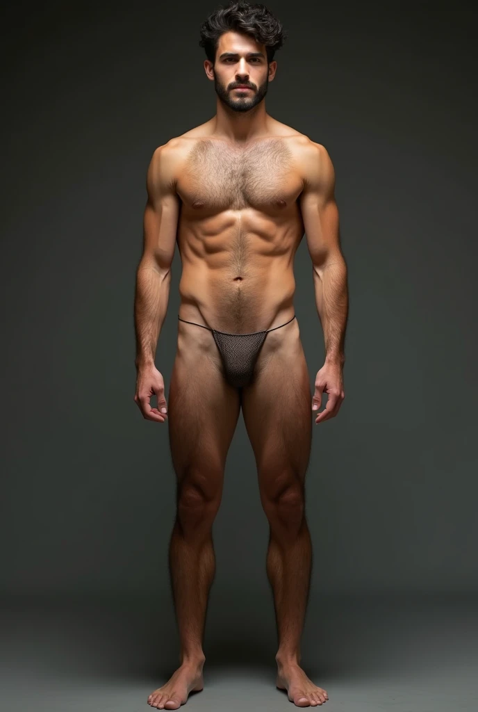 Beautiful 18 year old Lebanese boy very hairy body ,naked legs body, showing the big and erect penis ,bare feet standing front view hyperrealistic full body image 8k