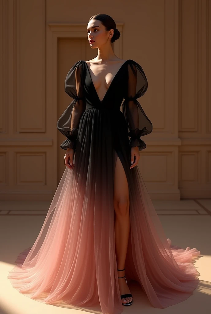 Create a high-resolution image of a sophisticated female model wearing a striking haute couture evening gown that blends modern elegance with classic sophistication. The gown features voluminous, puffed sleeves made of sheer, delicate fabric, adding a dramatic and ethereal flair. It has a plunging deep V-neckline that elegantly accentuates the model's silhouette, creating a bold yet refined look. The skirt of the gown is long and flowing, crafted from layers of luxurious tulle that cascade to the floor, with a high slit on one side, revealing one leg in a sensuous yet graceful manner. The dress showcases a captivating ombré gradient, starting with a deep, rich black at the bodice and transitioning seamlessly into a soft, dusty rose towards the hem, creating a visually stunning effect. The overall design of the dress is a perfect blend of avant-garde fashion and timeless glamour, ideal for a red carpet event or high-fashion runway. The model should stand confidently with an air of elegance and poise, in a luxurious setting with soft, ambient lighting that enhances the intricate details, textures, and the beautiful color transitions of the gown.