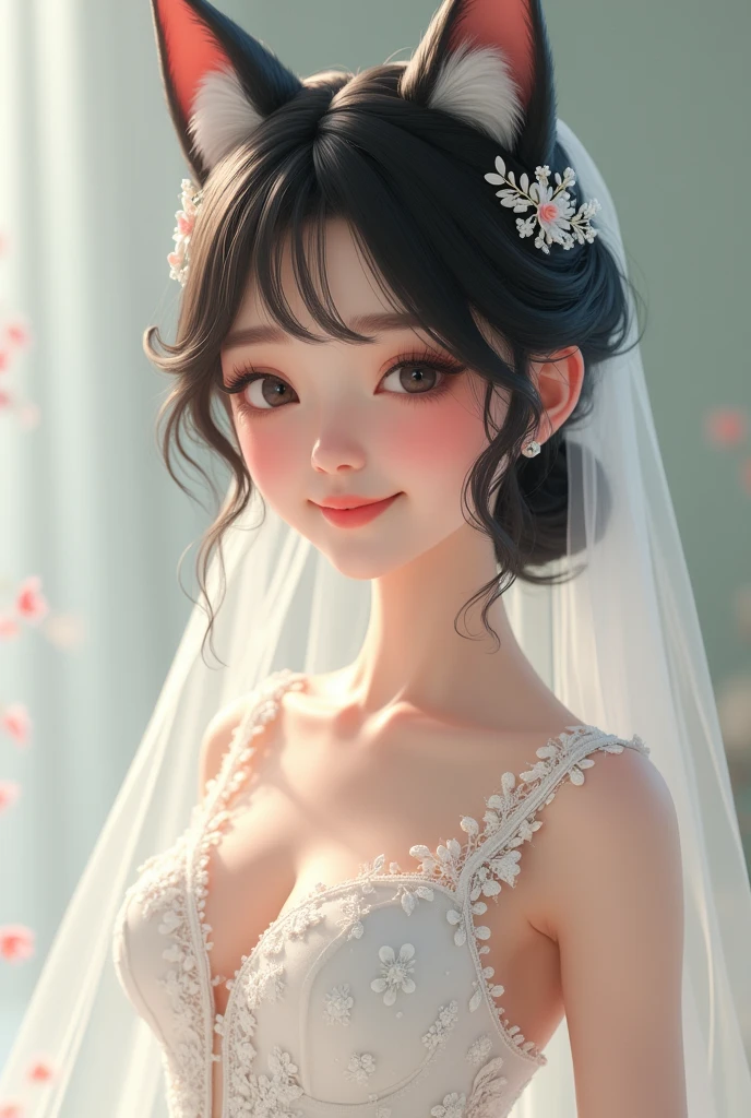 A beautiful woman around 24 years old with boyish black hair, white dog ears, and a smile wearing a wedding dress.