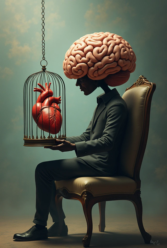 Create a image where a brain is sitting on the chair and it put the heart in the bird cage