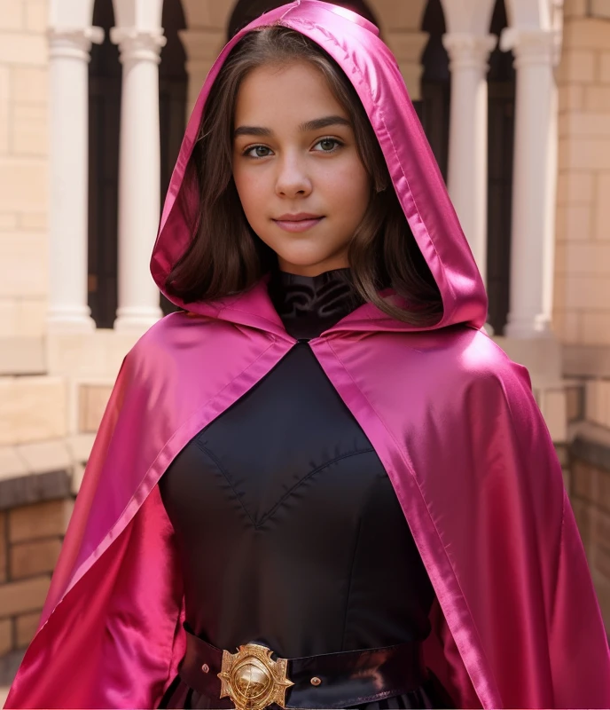 a gorgeous 10 year-old girl, long straight brown hair, black spandex suit, pink satin cape, hood, dreamy smirk, extremely detailed, 4k, perfect face