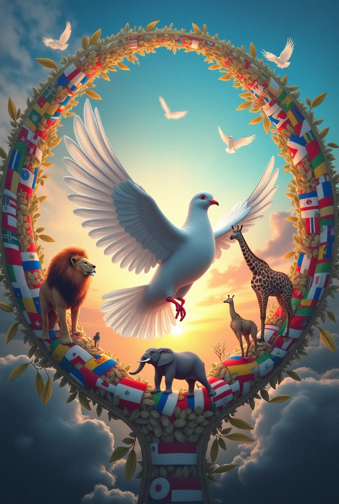 Chord Connected by the roots of national character Peace sign with national flag pattern One big pigeon Olive leaves Iridescent sky colorful Animals popping out of a globe-shaped jack-in-a-box Flying Lion Flying Elephant Flying Giraffe Tiger Flying Whale Double helix construction infinite Möbius strip