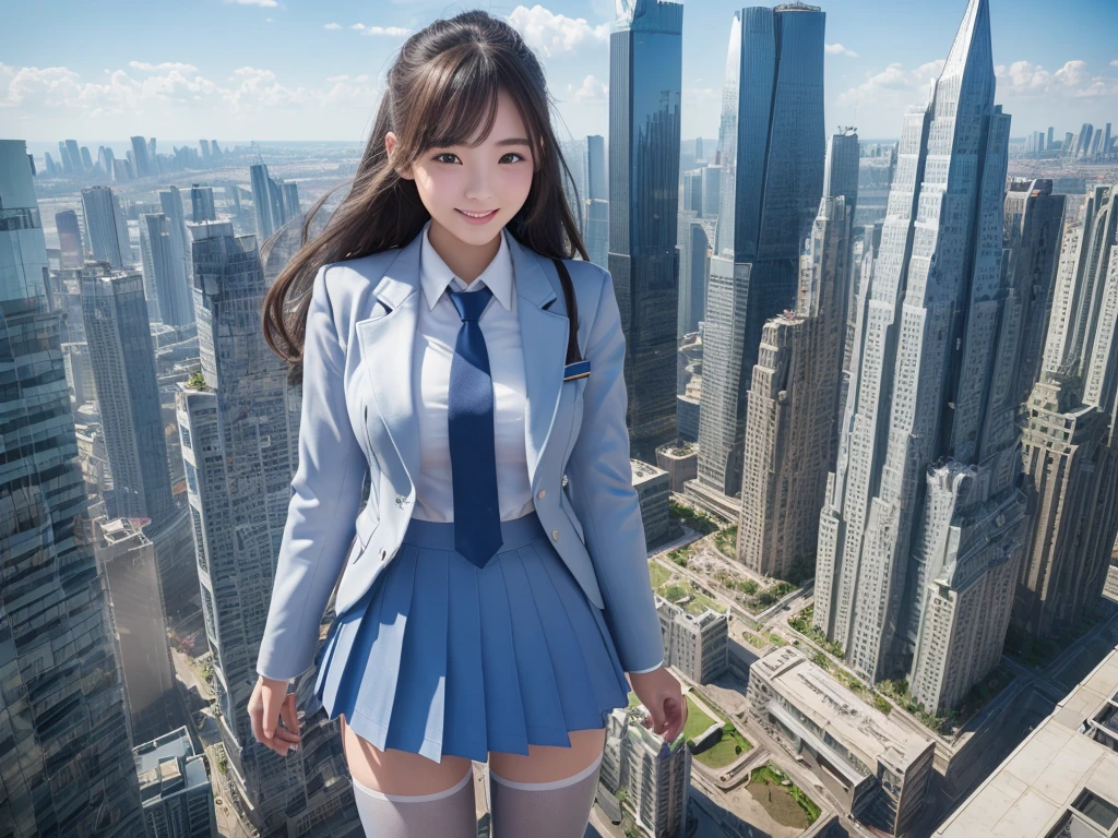 8k, (((Super Giant Girl Art))), Realistic, Ultra HD, ((one girl clones, 1 girl is cloning)), ((6+girls:1.2)), (twins), Big Breasts, Very detailed depiction, (Light blue blazer, Grey tie, Blue mini skirt, White Pantyhose), (Extremely detailed depiction, High school girls are much taller than skyscrapers, Miniature metropolis, crash micro city, feet, destruction, Building Powder々, ((Super huge school girl)), 2+girls, Full body description), Translucent skin texture, Beautiful Skin, Semi-long hair, Beautiful 16 year old girl, Cute Smile, ((high Top view))