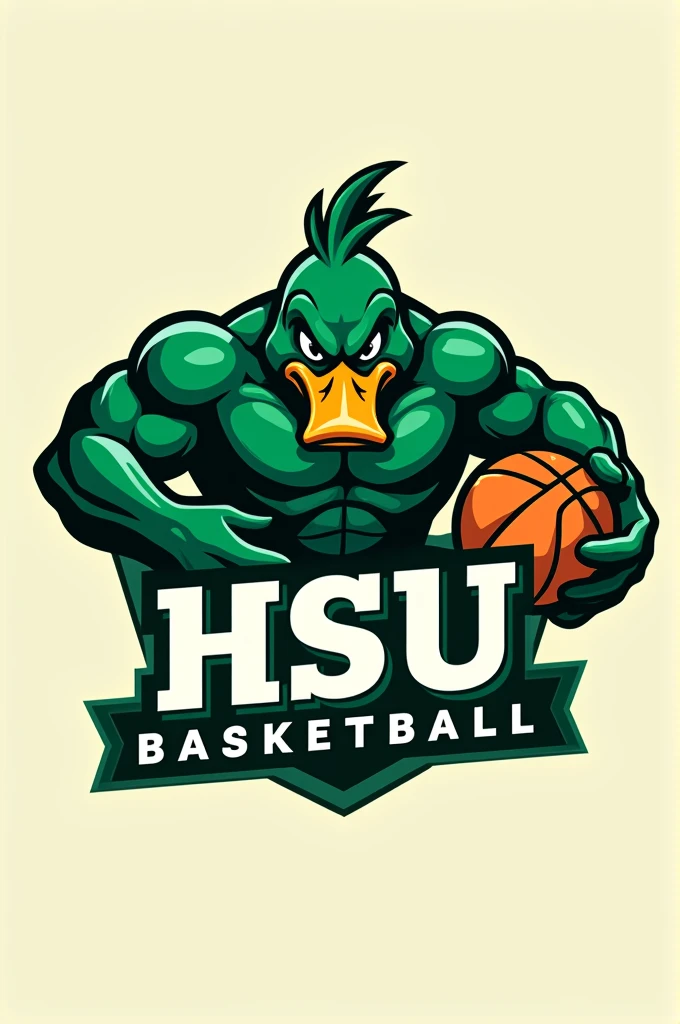 create a green muscular duck basketball logo named HSU BASKETBALL 