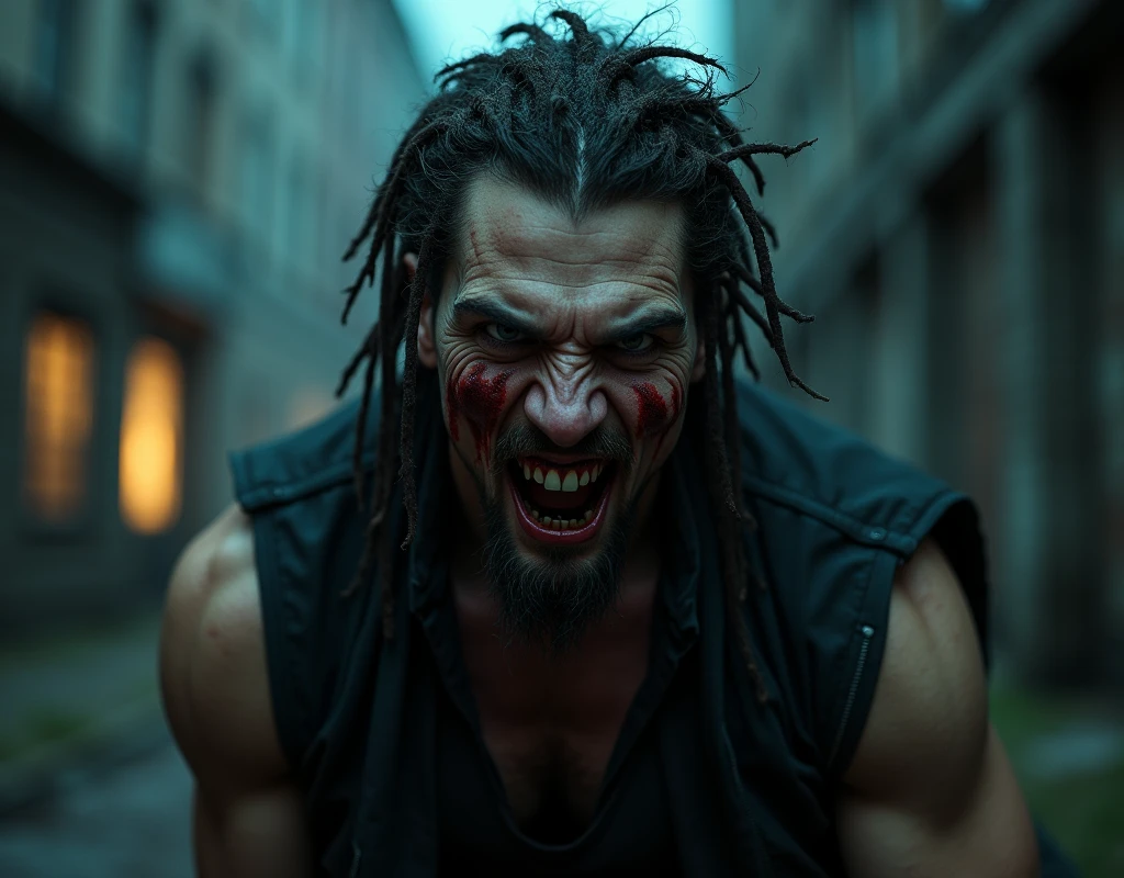 (raw photo, best quality) , (Realistic, photo-realistic: 1.3), Extremely formidable, general plan, masterpiece, ultra-detailed, high resolution, Best illustration, best shadow, complex, depth of field, horror, scary, terrifying, single, man 1 (male), athletic, dirty hair, dreadlocks (scary eye), bad eyes crazy, red eyes, black eye iris, sadistic smile of crazy monster with sharp teeth, elongated chin, piercing lips, look at the viewer, black clothes, sleeveless black jacket, blood, sangy, crazy expression, sharpness, blade take, volumetric fog, 8k, DSLR, high quality, (film grain: 1.4), Fujifilm XT3, Night, night