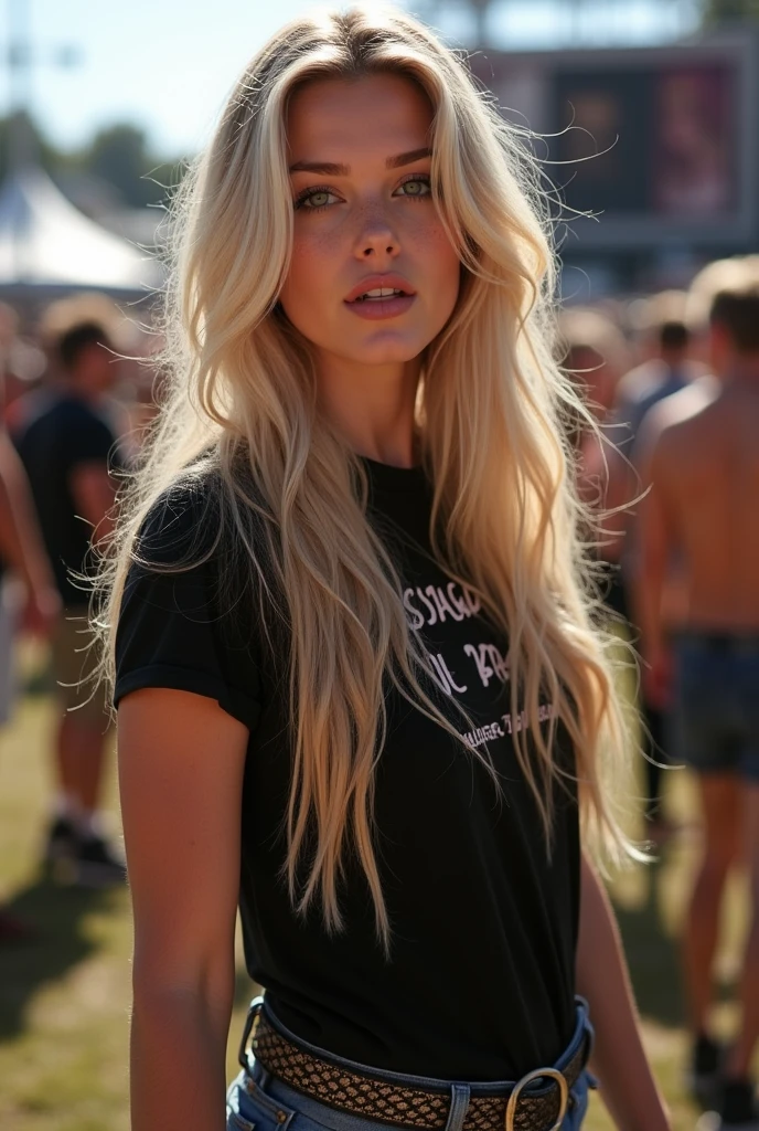 Allie Dunn full body, ultra realistic, meticulously detailed, phot realistic Allie Dunn, blond hair, natural makeup, natural light, natural lighting, singing loud, shouting out loud, (beautiful and detailed eyes, beautiful and detailed face) looking directly to the camera, full body photo, selfie, subtle makeup, stunning full body shot, (having beer at a heavy metal music festival:1.25), (wearing short jeans black t-shirt 1.2), perfect female body, perfect skin, perfect face.