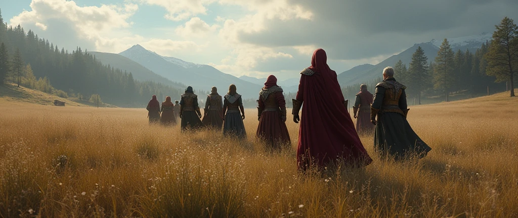 a close up of a group of people standing in a field, 3rd person action-adventure RPG, front cover of a new video game, high detailed official artwork, d & d character revealed, set in the world of guildwars2, medieval fantasy game art, official fanart, jealousy, official concept art, ”ultra realistic, point-and-click adventure game