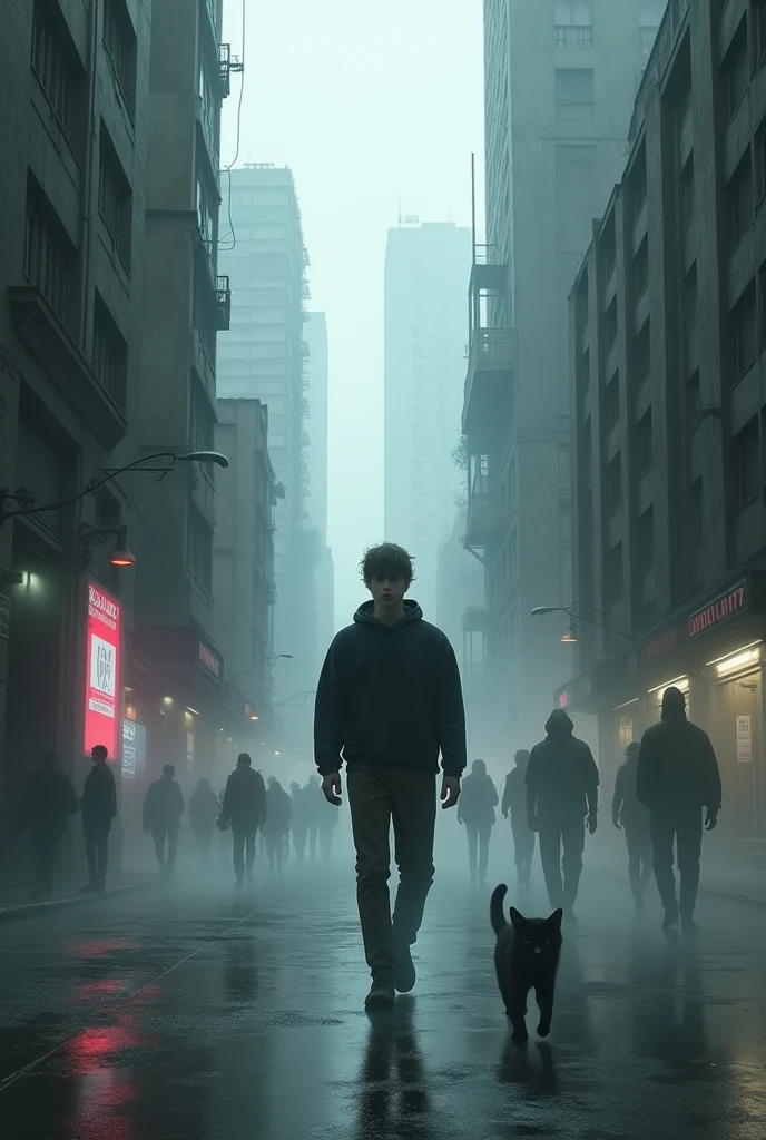 A Young man walking in a street, in a dark city surrounded by fog and rain, in the morning light, with brutalist degraded buildings, a cat running to a garbage dumpster, some people walking, holographic screens on the walls.