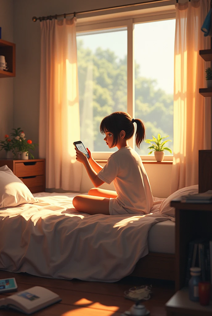 Morning in the Hostel**
- **Visual Description**: A cluttered hostel room with a bed on one side. The sunlight streams through a window, illuminating a student (Sara) sitting up in bed, looking surprised with a phone ringing next to her.