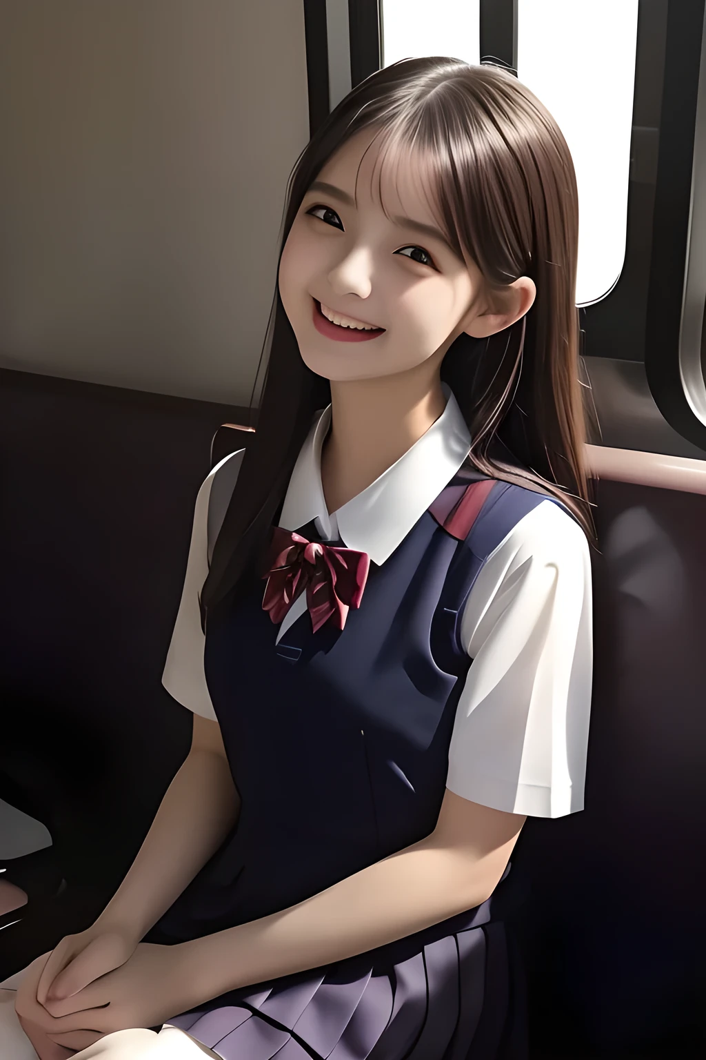 (highest quality, masterpiece, high resolution:1.2), 4K, (Photo quality detailed cute face: 1.4), (Giorgione painting style: 0.8), geometry, (14 yo cute girly Japanese girls are seated and looking ME up in a train: 1.4), (The train seats are made from the body of succubus with sailor-school-uniform: 1.2), Laughing cutely, (neat girly white short-sleeves school blouse: 1.0), (puffed short sleeves: 1.0), (Dark red glossy school ribbon on the breast: 1.0), (Gray Japanese school girly vest Uniform: 1.2), (Box-pleated gray short school skirt: 1.2), (Extremely laughing cheeks: 1.0), (Beautiful light-amber cute-dolly large clear eyes with detailed cutely: 1.4), (Long bottom eyelashes: 1.2), (Expressing the greatest joy with her whole body: 1.2), (Glossy lips: 1.0), (Super-straight super-long hair: 1.5), (white and clear skin: 1.0), (Promoting Shampoo: 1.2), (Strong yearning: 1.2)