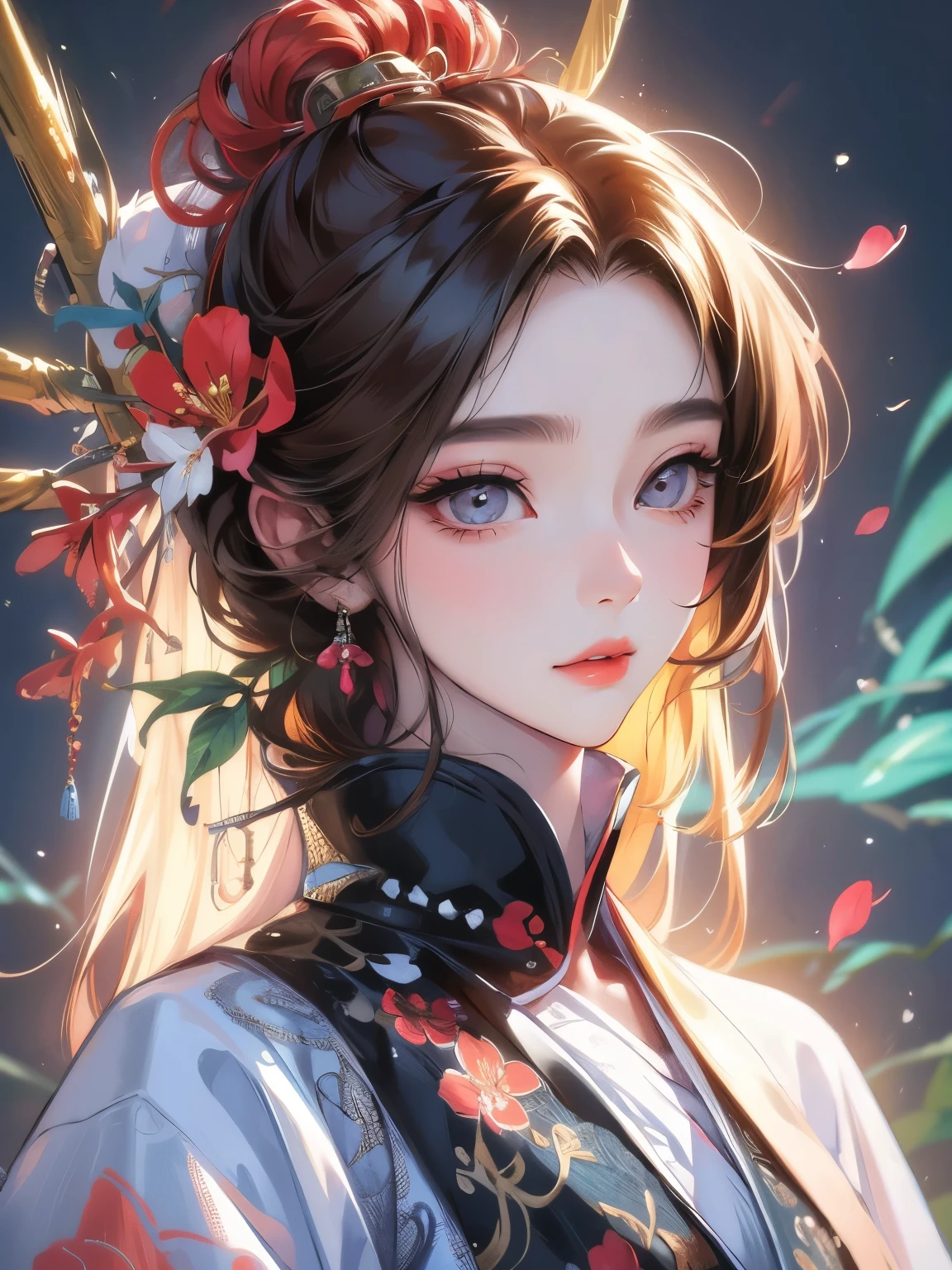 portrait,(woman: 1.1), , oriental beauty, (masterpiece), best quality,, colorful, vibrant colors, illustration, artstyle, fantasy, realistic, animation, blossom, detailed eyes, close