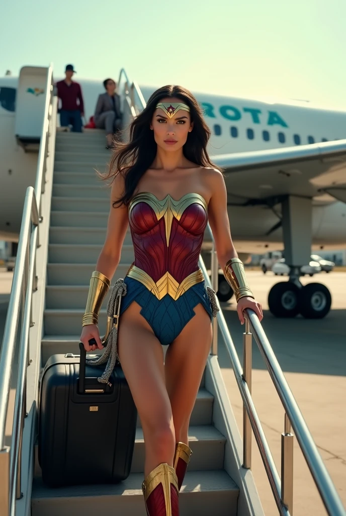 Gal Gadot, Wonder Woman walking down the stairs of a commercial airplane,with your hand luggage