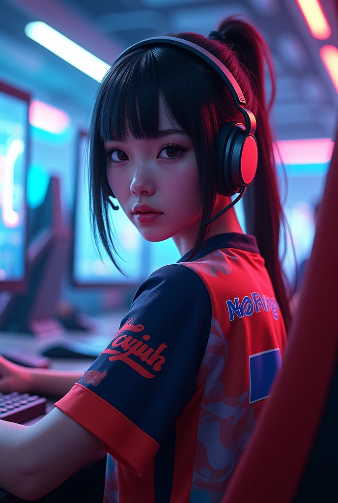 A young woman gamer wearing esports jersy with a name of "Naenaeyuuh" at the back