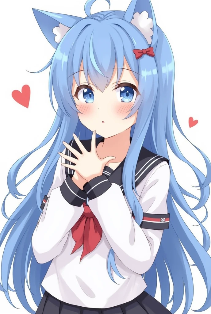 One girl, blue eyes, Long Hair, Blue Hair, Long sleeve, bangs, Cat ear, hair ornaments, Sleeves are longer than the wrist, blush, Staring at the audience, Hair between the eyes,beautiful girl, Close your mouth, Heart symbol on background,High School Uniform,smile