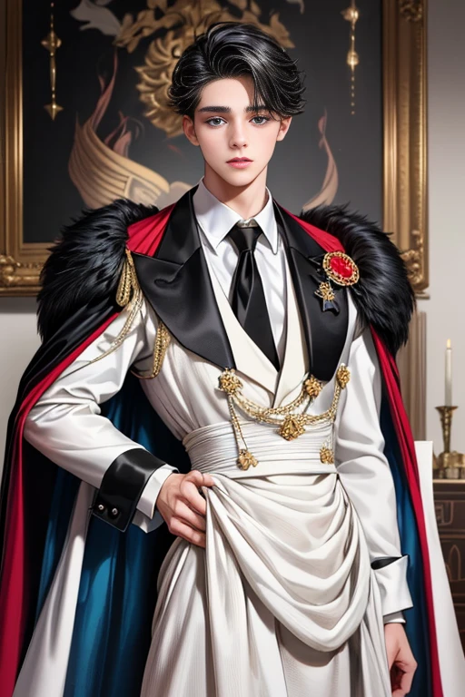 masterpiece, 最high quality, high quality, 1 boy, alone, Male focus, Watching the audience, Messy black hair, Adorable big blue eyes, White, Noble, Noble,A sexy, voluminous, puffy cape、tuxedo、A very voluminous, large, very large, very large, long, long red and black cape with a high stand-up collar, made of a lot of fabric that reaches down to the floor., 17 years old,Cute beautiful boys,Cute, cute, kind, handsome guy