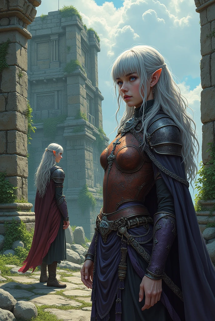 (Ultra-detailed face, looking away, Fantasy Illustration with Gothic, Ukiyo-e, Comic Art, Rich colors), 
BREAK 
(This is the site of an ancient giant tribe cemetery. A temple made of huge stones stands here. Ivy wraps around the crumbling stone walls and stone pillars.), 
BREAK 
(DarkElves: A middle-aged dark elf woman with silver color hair, blunt bangs, very long disheveled hair and dark purple color skin, lavender color eyes), 
BREAK 
(A female dark elf cleric wears armor with a red-bronze breastplate with reliefs and boots decorated with silver crosses.), 
BREAK 
(A female dark elf cleric speaks to a fellow cleric atop a stone wall in a bold pose with her back to him, reaching out and handing him a rope.)