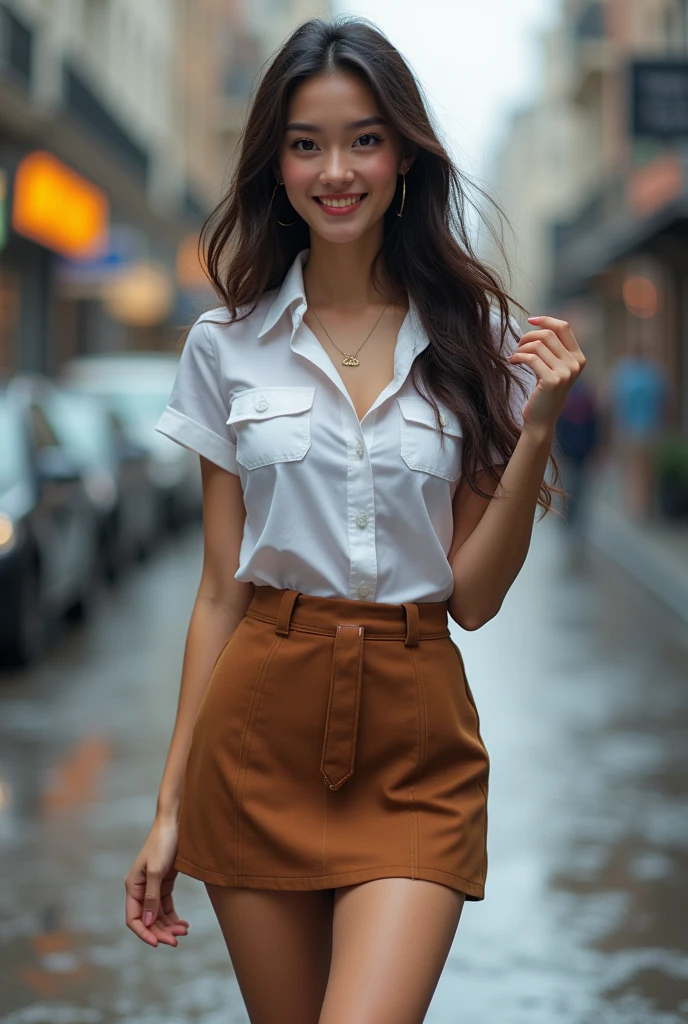 ((Best Quality, 8K, Masterpiece:1.3)), Focus: 1.2, Perfect Body Beauty: 1.4, Buttocks: 1.2, ((Hairstyle Random, Collarbone: 1.2)), (Short Skirt: 1.1) , (Rain, Street:1.3), Highly detailed face and skin texture, Fine eyes, Double eyelids, Whitened skin, Long hair, smile, Long legs: 1.5, Full body: 1.5, Best proportions of four fingers and one thumb, Smiley face, Face texture: 1.3, Sunshine, Summer, collarbone, beautiful eyes, real face, real skin, realistic face, realistic skin, detailed eyes, detailed facial features, detailed clothing features, detailed face, tight fit, tight fit, girl dress random, background office: 1.5, upper body shirt