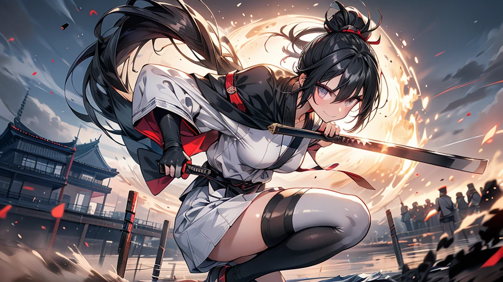 One person Adult women ponytail Black Hair tall Narrow eyes smile Glare frivolous attitude Japanese Clothing White shirt Black hot pants Black long gloves Black knee socks Holding a naginata Cape Mechanized Japanese castle in the background Run through the battlefield