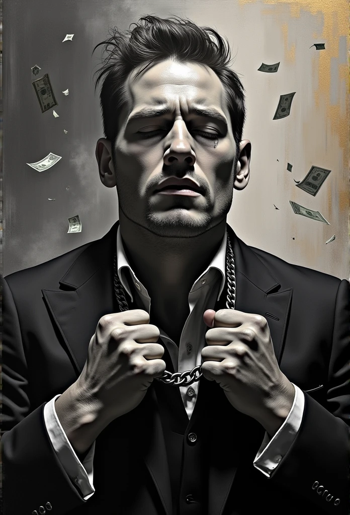 A Tom Hardy struggling for money，Dressed as a young gangster, Oil painting, Watching the sky smoke，eye closeds，Harsh brushstrokes, Dramatic lighting, Intense expression, Determined eyes, Clenched fists, Sweat dripped down his face, Ruffled suit, broken chain, Crumbling dollar bills, Crumbling stock market charts, smoke in the background, Black and white with a touch of gold, Realism. (Best quality, A high resolution, Ultra-detailed), (Realistic:1.37), professional, Vivid colors.