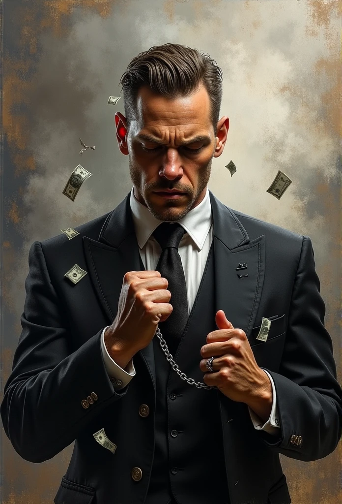 A Tom Hardy struggling for money,Dressed as a young gangster, Oil painting, Watching the sky smoke,eye closeds,Harsh brushstrokes, Dramatic lighting, Intense expression, Determined eyes, Clenched fists, Sweat dripped down his face, Ruffled suit, broken chain, Crumbling dollar bills, Crumbling stock market charts, smoke in the background, Black and white with a touch of gold, Realism. (Best quality, A high resolution, Ultra-detailed), (Realistic:1.37), professional, Vivid colors.