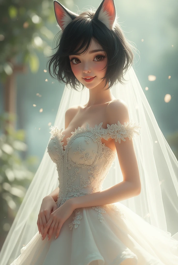 A beautiful woman of about 24 years old with boyish black hair, white dog ears, and a smile wearing a wedding dress.