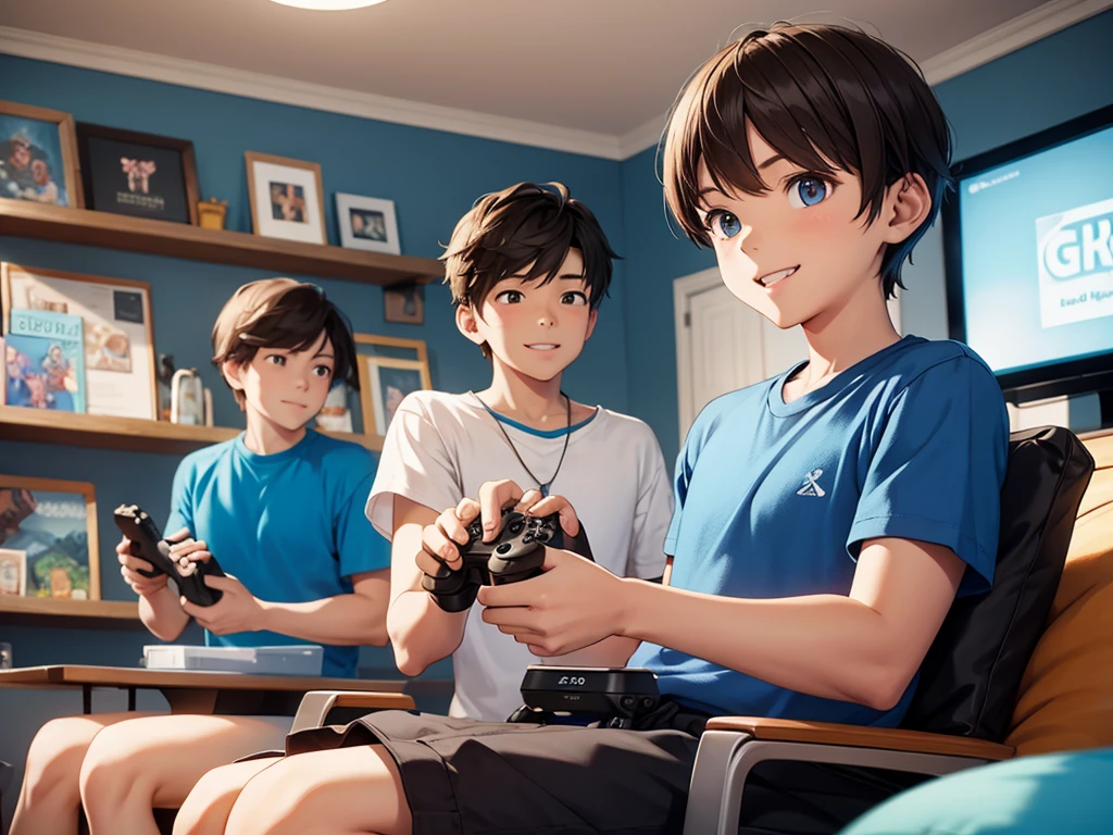 A young boy, around 10 years old, with short brown hair and wearing a bright blue T-shirt, enthusiastically showcasing his PlayStation 5 console. He is sitting on a colorful rug in a cozy living room decorated with posters of video games. The boy has a big smile on his face, holding a game controller in one hand while pointing excitedly at the console with the other. The background features a soft couch and a shelf with various video game accessories, creating a warm and inviting atmosphere.