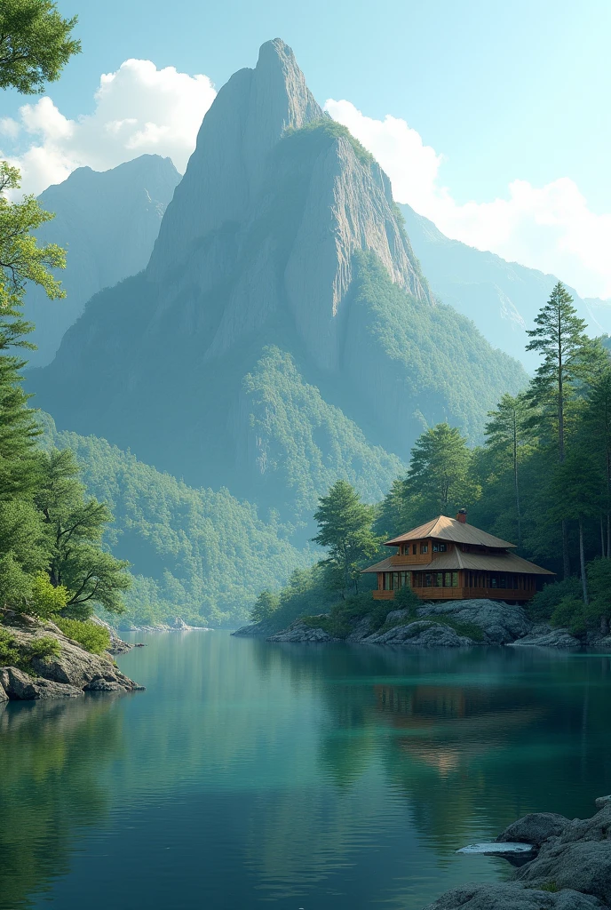 foreground :Lake Second :a mountain full of forest And put on the mountain an ecolodge plan
