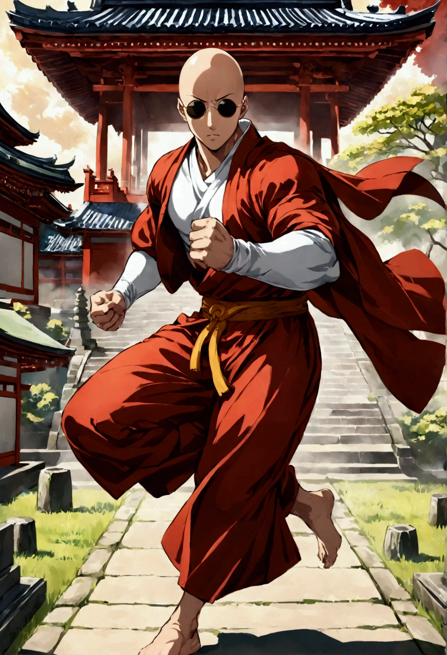 Japanese monk、Small、Round sunglasses、Equip a ritual item、Hero of Justice、One Punch Man、Japanese Temples、strongest