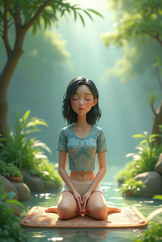 (photorealism:1.2), In this exquisite 3D render illustration, an Asian adult, serene woman with black shoulder length wet hair finds solace in the outdoors, radiating tranquility. Kneeling on a patterned mat amidst a lush green landscape, she is clad in a blue and white patterned top and white shorts. Her small expressive eyes are closed as she connects with nature, emanating a calming aura. The bold, white word 'Mpok Nur' at the top of the image emphasizes the peaceful atmosphere of this exceptional scene, capturing the essence of relaxation and inner peace, by Greg Rutkowski, by Alphonse Mucha