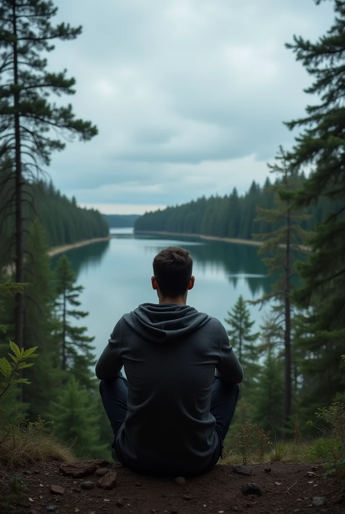 Man back ,Depression,In the forest,There is a lake in the distance,Cloudy sky,Textured clouds