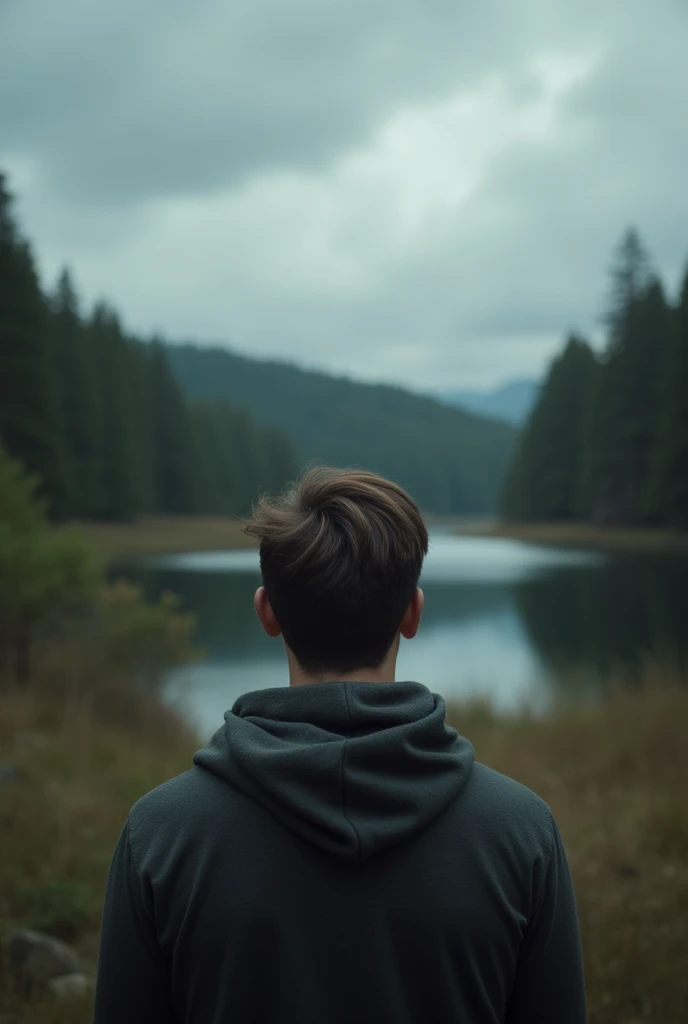 Man back ,Depression,In the forest,There is a lake in the distance,Cloudy sky,Textured clouds
